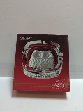 VINTAGE OWL CRYSTAL ASHTRAY CRISTAL D'ARQUES LEAD CRYSTAL FRANCE REVERSE ETCHED